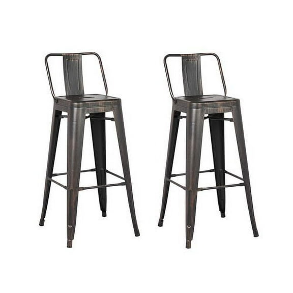 AC Pacific Distressed Metal 30" Barstool with Back, Set of 2, Black
