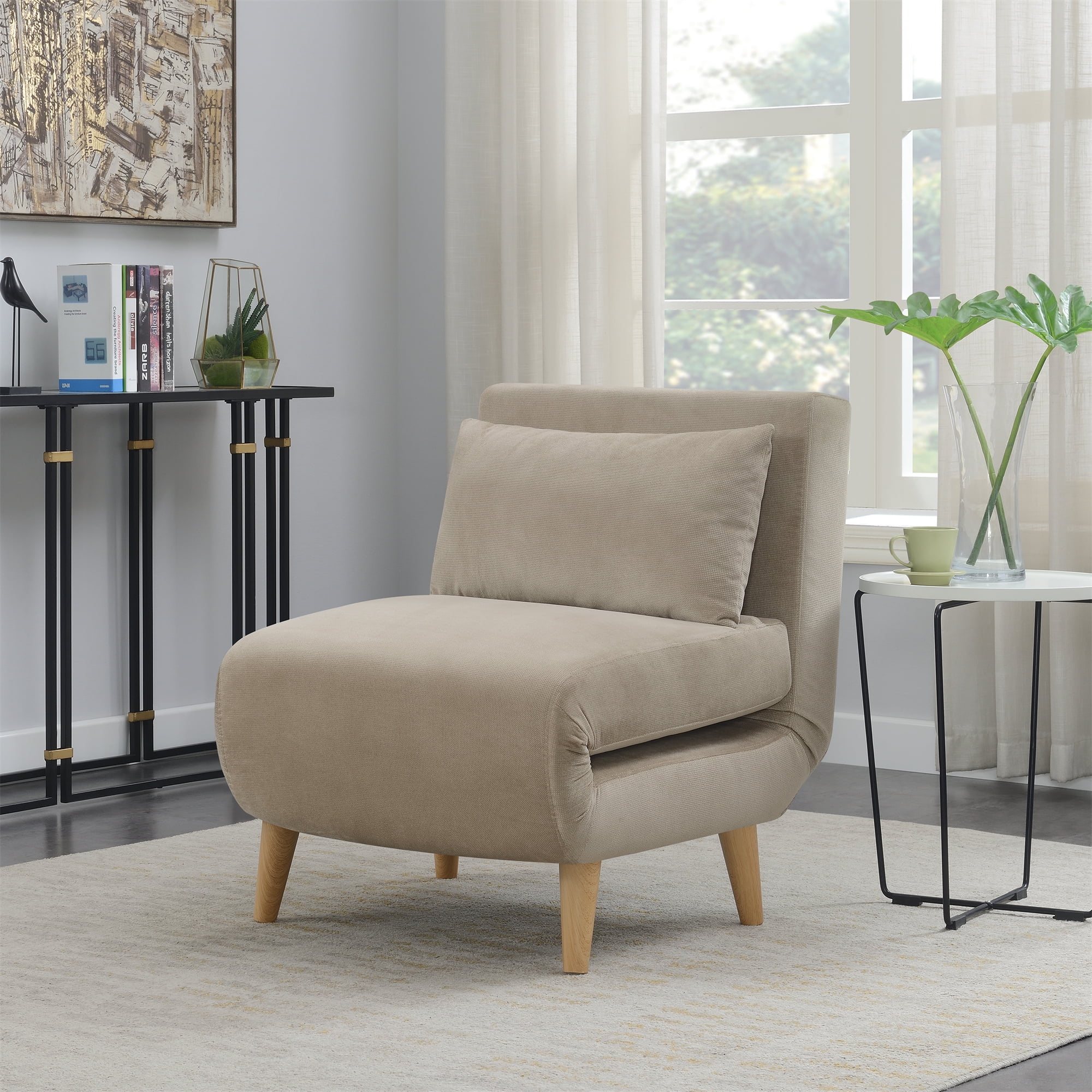 AC Pacific Folding Upholstered Dane Armless Sleeper Chair, Sand