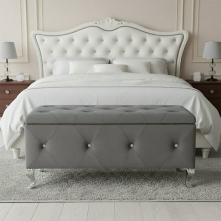 AC Pacific Crystal Tufted Faux Leather Storage Bench, Grey