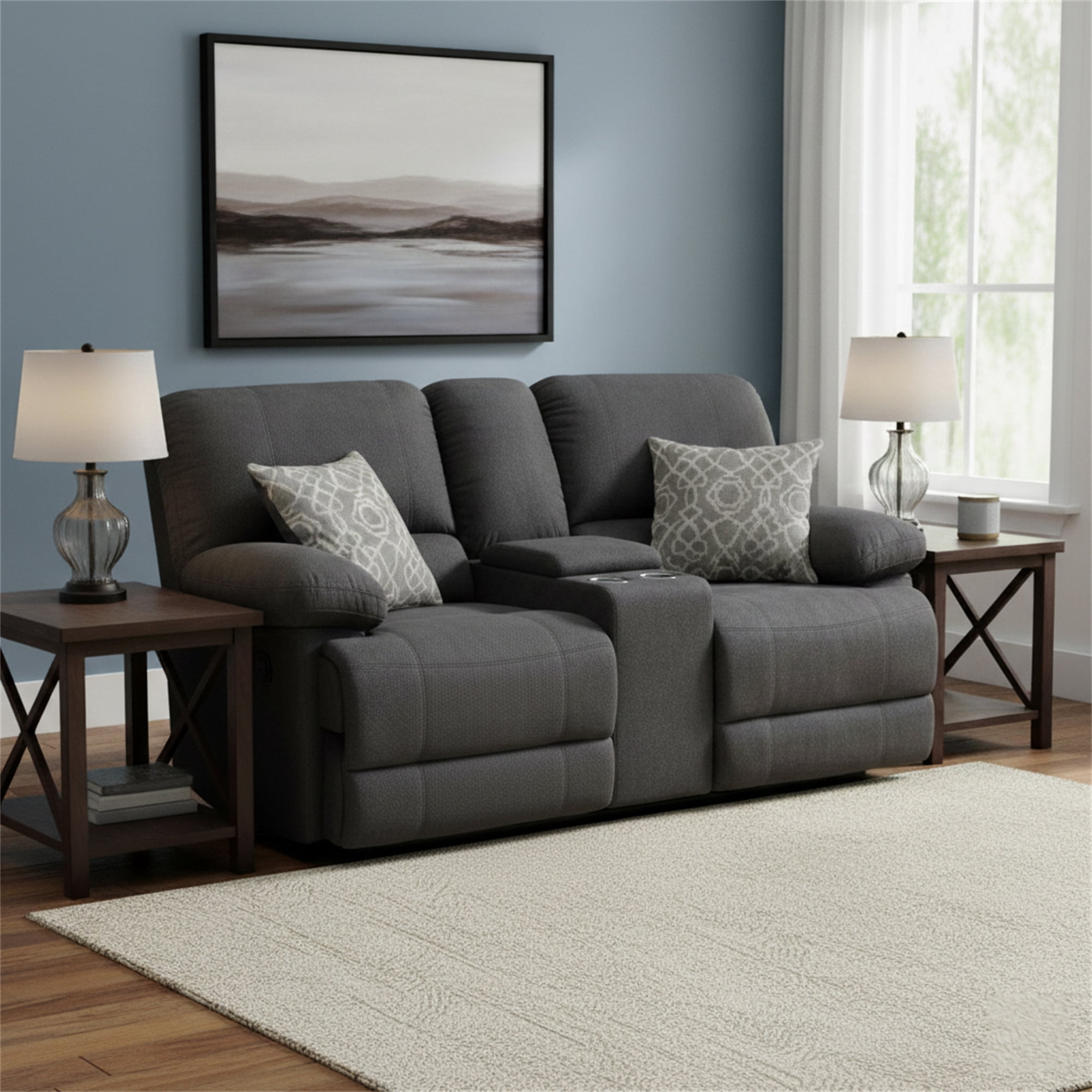 AC Pacific Kevin Grey Reclining Living Room2-Seat Love Seat with Console