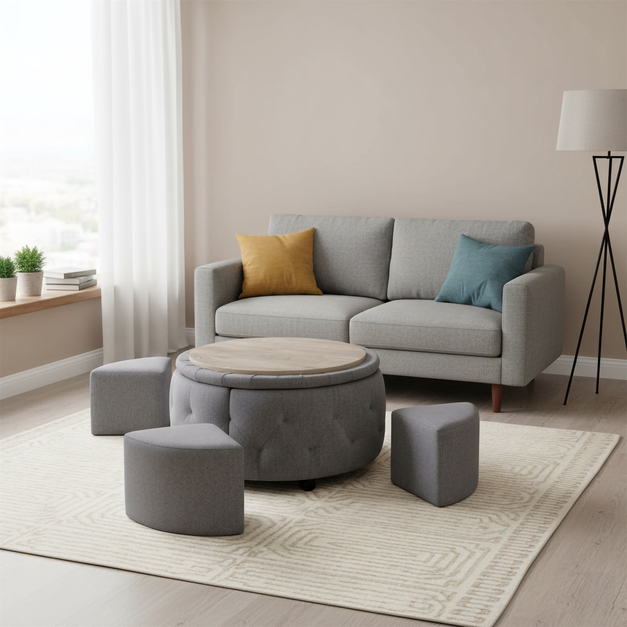 AC Pacific Matt Round Storage Ottoman with Reversible Tray Top, Dark Grey