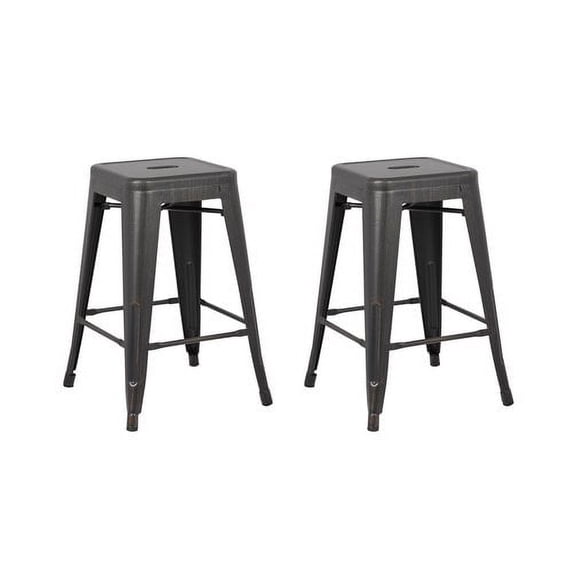 AC Pacific Backless Distressed Metal Barstool, Black, 24 -inch, Set of 2