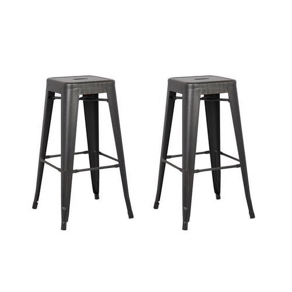 Backless Distressed Metal Barstool, Black, 30 -inch, Set of 2
