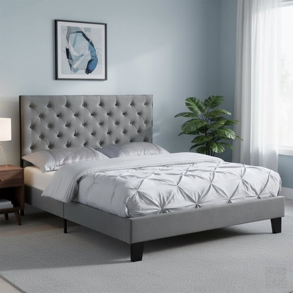 AC Pacific Modern Chic Polyester Gray Tufted Queen Platform Bed