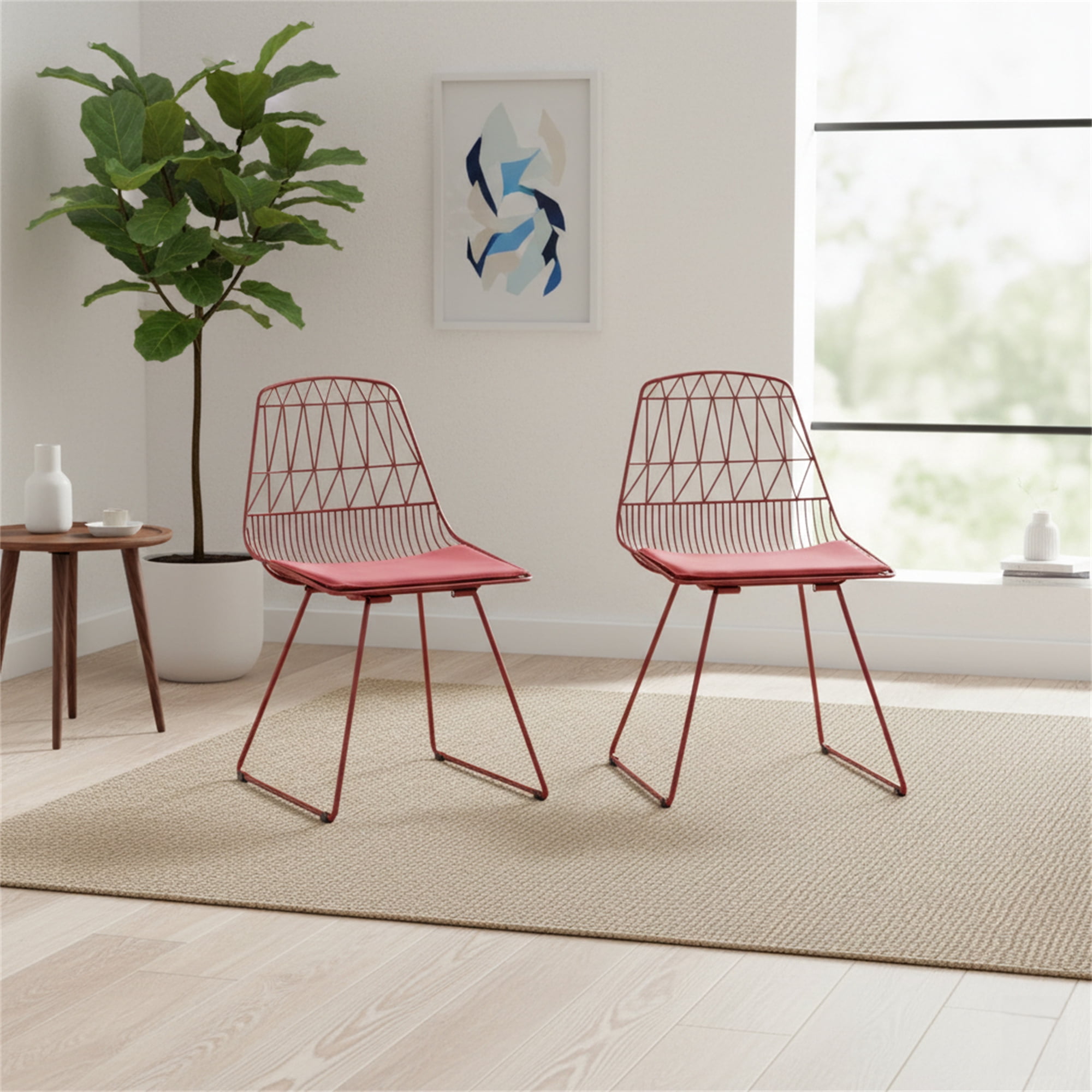 AC Pacific Modern Geometric Metal Dining Chair with Faux Leather Seat Pad, Set of 2
