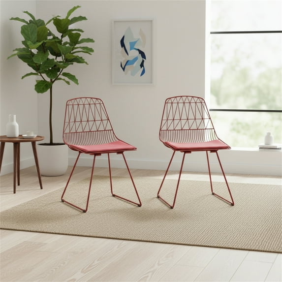 AC Pacific Modern Geometric Metal Dining Chair with Faux Leather Seat Pad, Set of 2