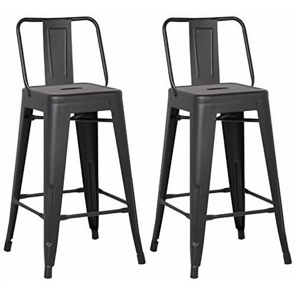 AC Pacific Modern Light Weight Industrial Metal Bucket Back Barstool, 30" Seat Height Counter Stool (Set of 2), Matte Black Finish
