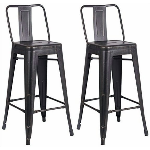 AC Pacific Modern Light Weight Industrial Metal Bucket Back Barstool, 30" Seat Height Counter Stool (Set of 2), Distressed Black Finish