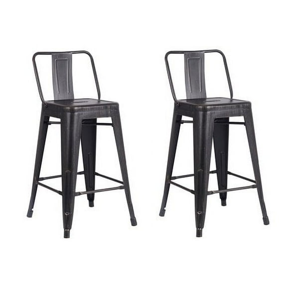 AC Pacific Distressed Metal 24" Barstool with Back, Set of 2, Black