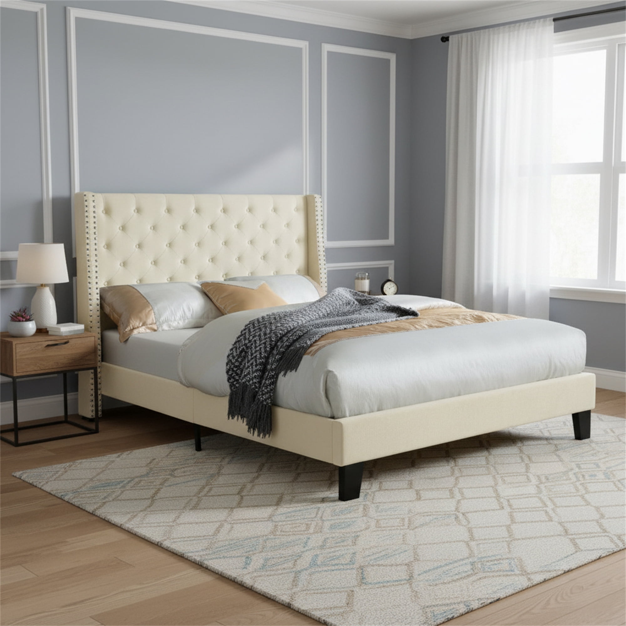 AC Pacific Modern Polyester Beige Full Platform Bed with Nailhead Trim