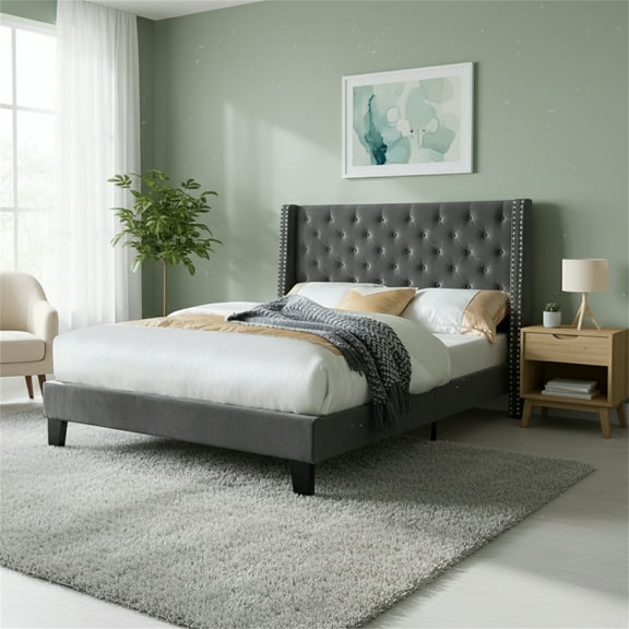 AC Pacific Full Modern Upholstered Platform Bed with Nailhead Trim, Gray