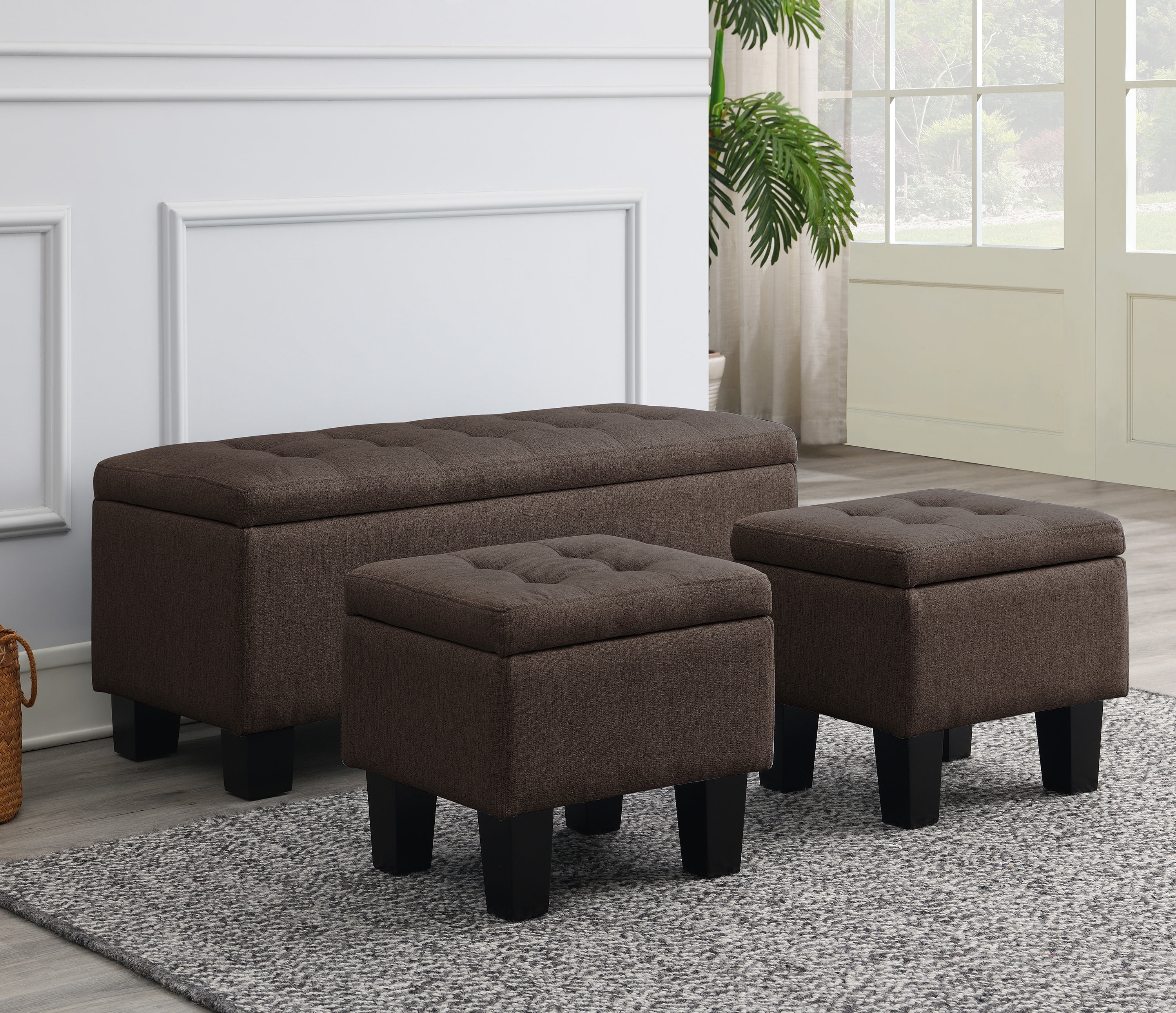 AC Pacific Tufted Upholstery Storage Bench with Matching Ottomans, Brown, 3pcs