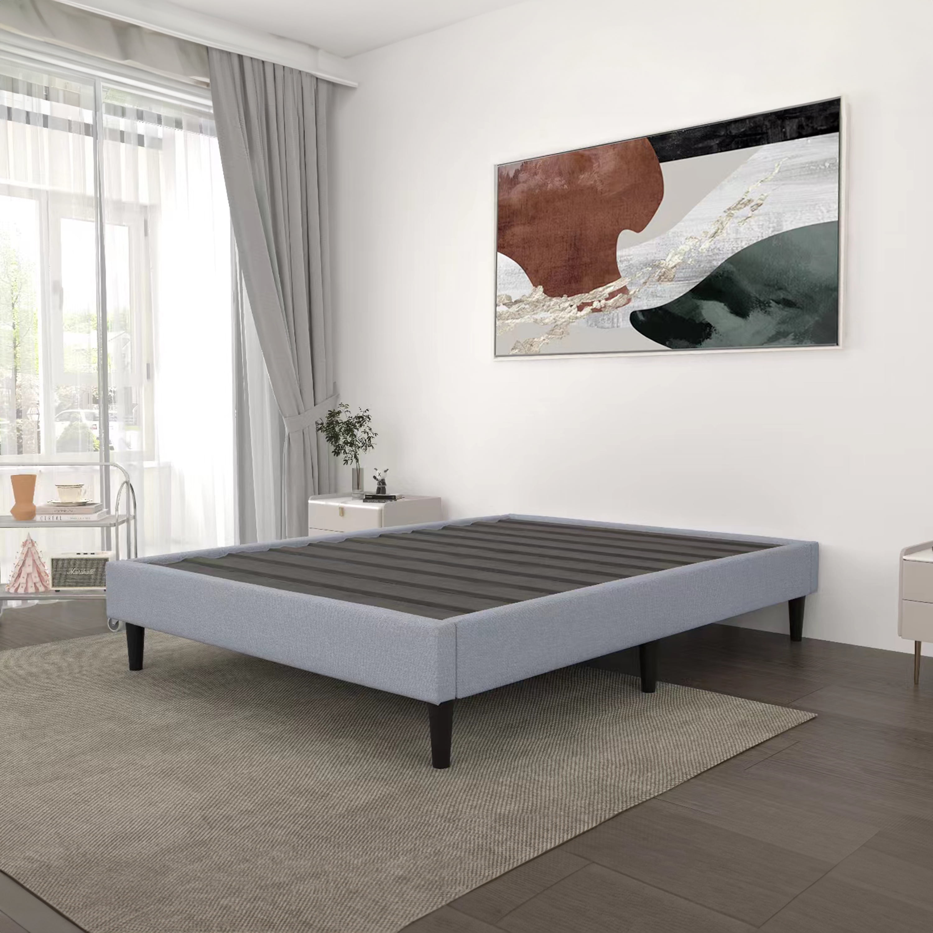 AC Pacific Twin Size Platform Bed Frame 13" Height with Fabric Upholstery, Sturdy Wooden Slats No Box Spring Needed Easy to Assemble, Grey