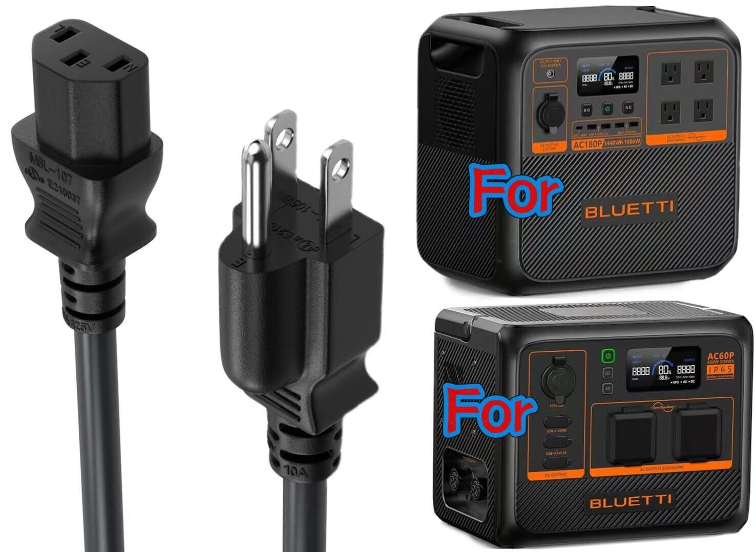 AC Power Cord Cable For BLUETTI AC180P AC60P Portable Power Station