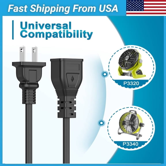 AC Power Cord Cable Plug for Ryobi 18-Volt ONE+ Hybrid Portable Fan P3320 P3340