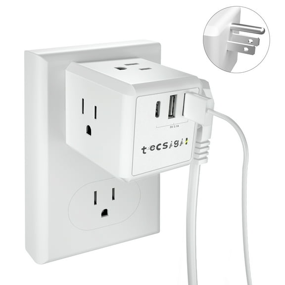 AC Power Outlet, TECSIGIL Outlet Extender, 3 AC outlet 2 USB and Type C (Smart 3.1A Total) ,Suitable for Cruise Ship, Home, Office, ETL Listed