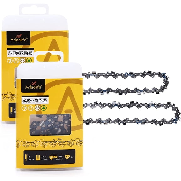 AC-R33 Semi Chisel Chainsaw Chain for 8 inch Bar .043" Gauge 3/8 inch Low Profile Pitch, 33 Drive Links Low Kickback Fits Oregon Poulan Ryobi Homelite Sunjoe Pole Saw 2-Pack