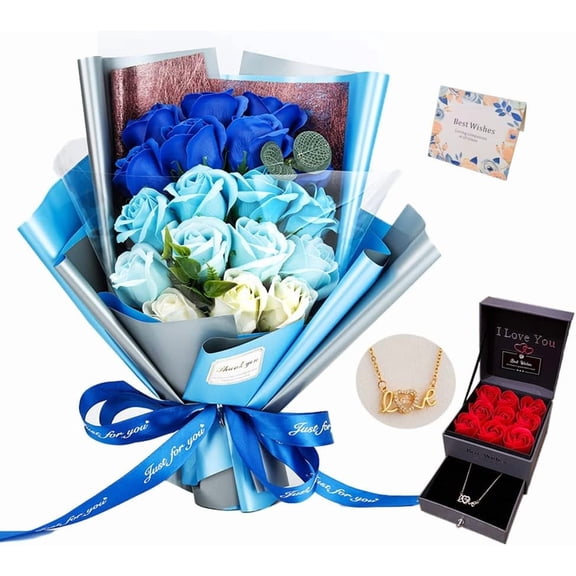 AC Roses Bouquet Artificial Flower - Preserved Blue Rose Flowers with Love Necklace for Her - Unique Gifts Valentine's Day, Mother's Day, Thanksgiving, Birthday, Anniversary
