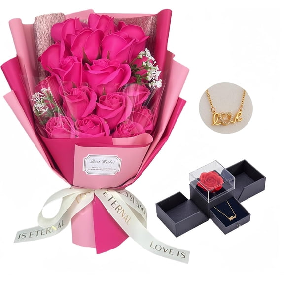 AC Roses Bouquet Artificial Flower - Preserved Red Rose Flowers with Love Necklace for Her - Unique Gifts Valentine's Day, Mother's Day, Thanksgiving, Birthday, Anniversary (512)