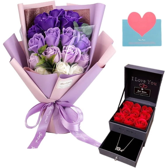 AC Roses Bouquet Fake Artificial Flower - Preserved Red Flowers with Love Necklace for Her - Unique Gifts Valentine's Day, Mother's Day, Thanksgiving, Birthday, Anniversary