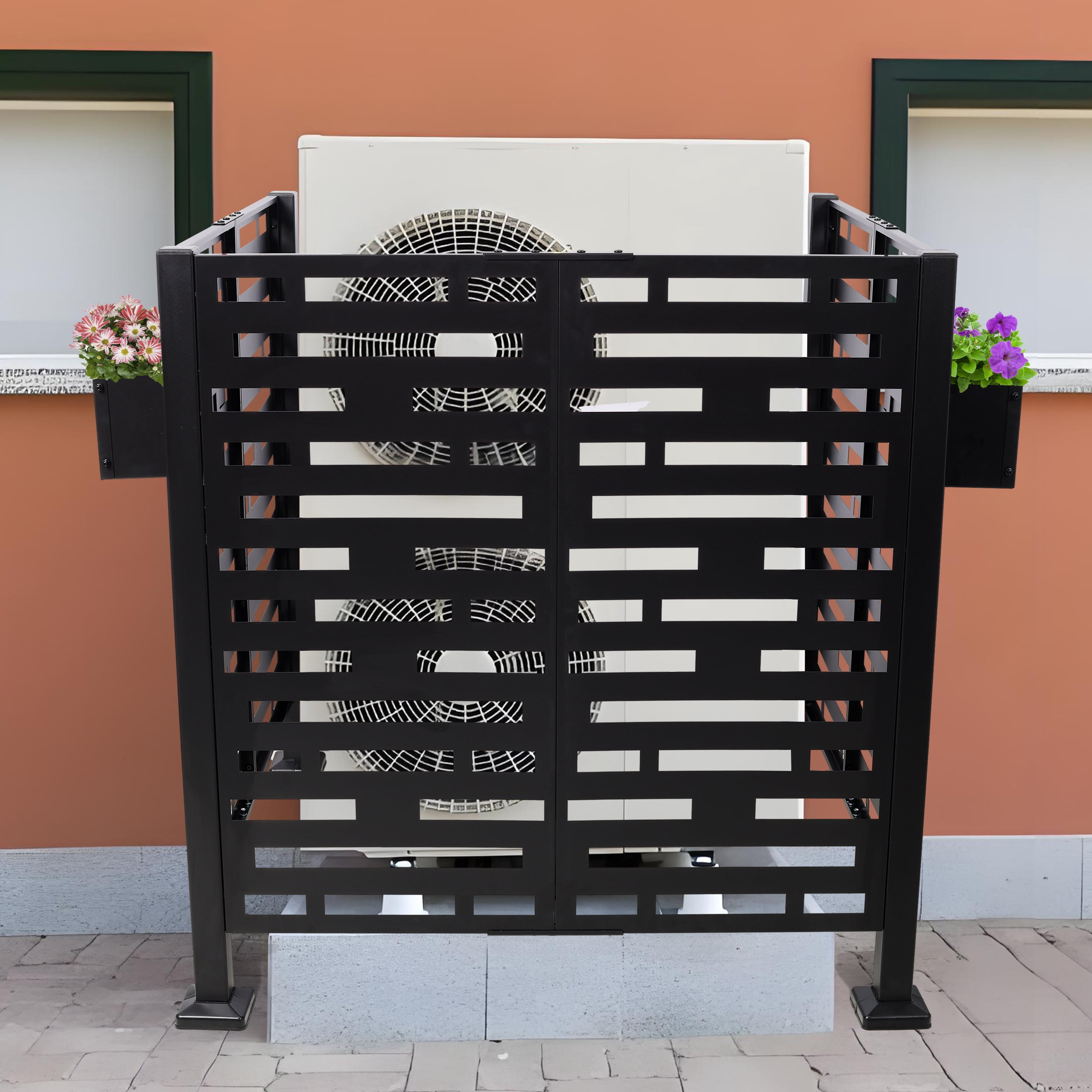 AC Unit Privacy Screen, 3.5x3.5FT Metal Partition with Planter Box for Trash Can AC Hideaway, Black