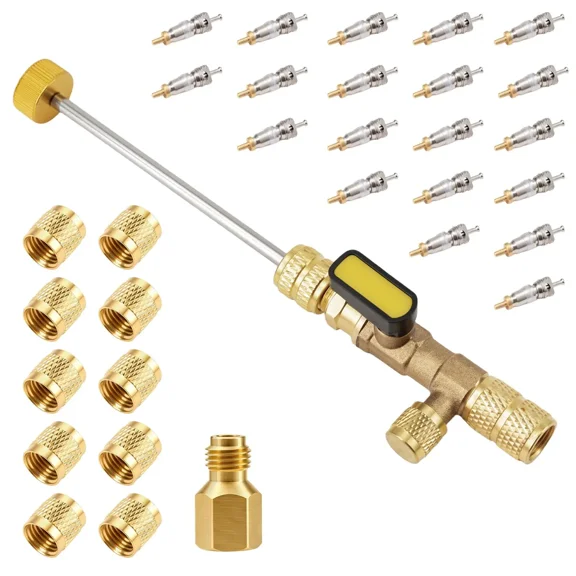 AC Valve Core Remover Installer Tool Kit with Dual SAE 1/4" & 5/16" Ports, Includes 20 Valve Cores, 10 Brass Caps & R410/R32 Adapter, Compatible with R22, R12, R407, R410, R404, R32 & R600 Refrigerat