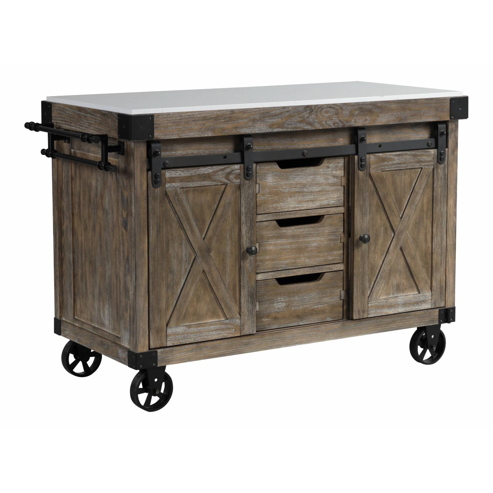 Weathered Gray Pine Kitchen Island with Marble Top