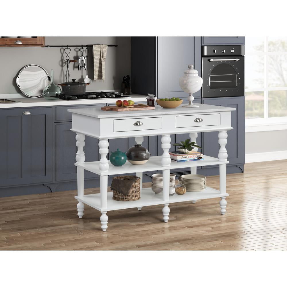 White Marble Top Kitchen Island with Turned Legs and Shelves