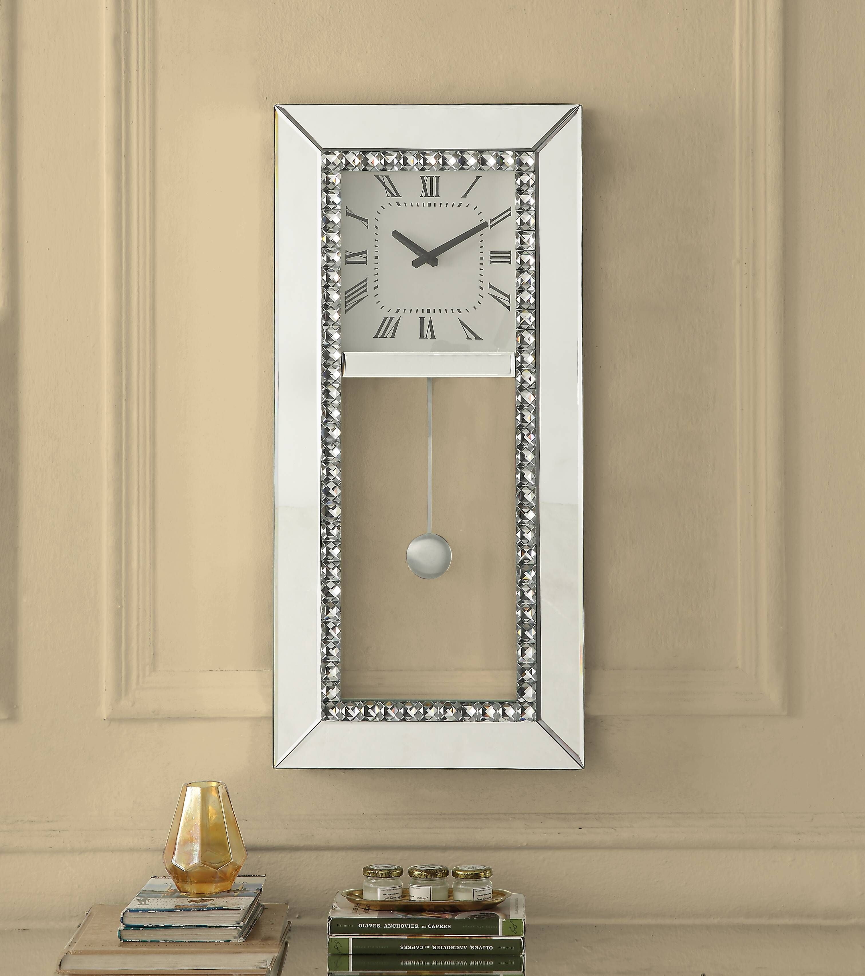Lotus Mirrored Wall Clock with Faux Crystal Diamonds