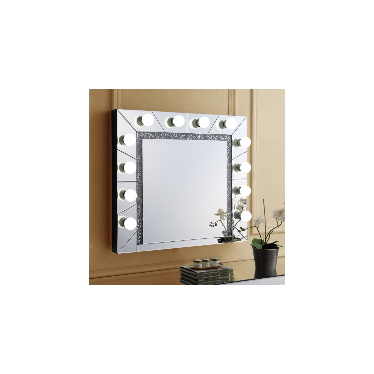 Noralie Rectangular Wood and Silver Hollywood Mirror with Faux Diamond Trim