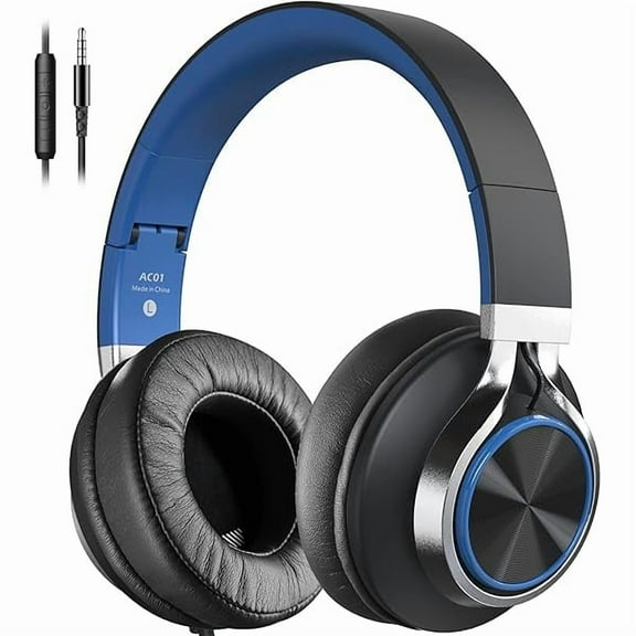 AC01 Over-Ear Headphones Wired, Noise Isolating Corded Stereo Headsets with Microphone Volume Control for Adults Teens 3.5mm for Chromebooks, Laptop, Computer, Tablets, Travel (Black Blue)
