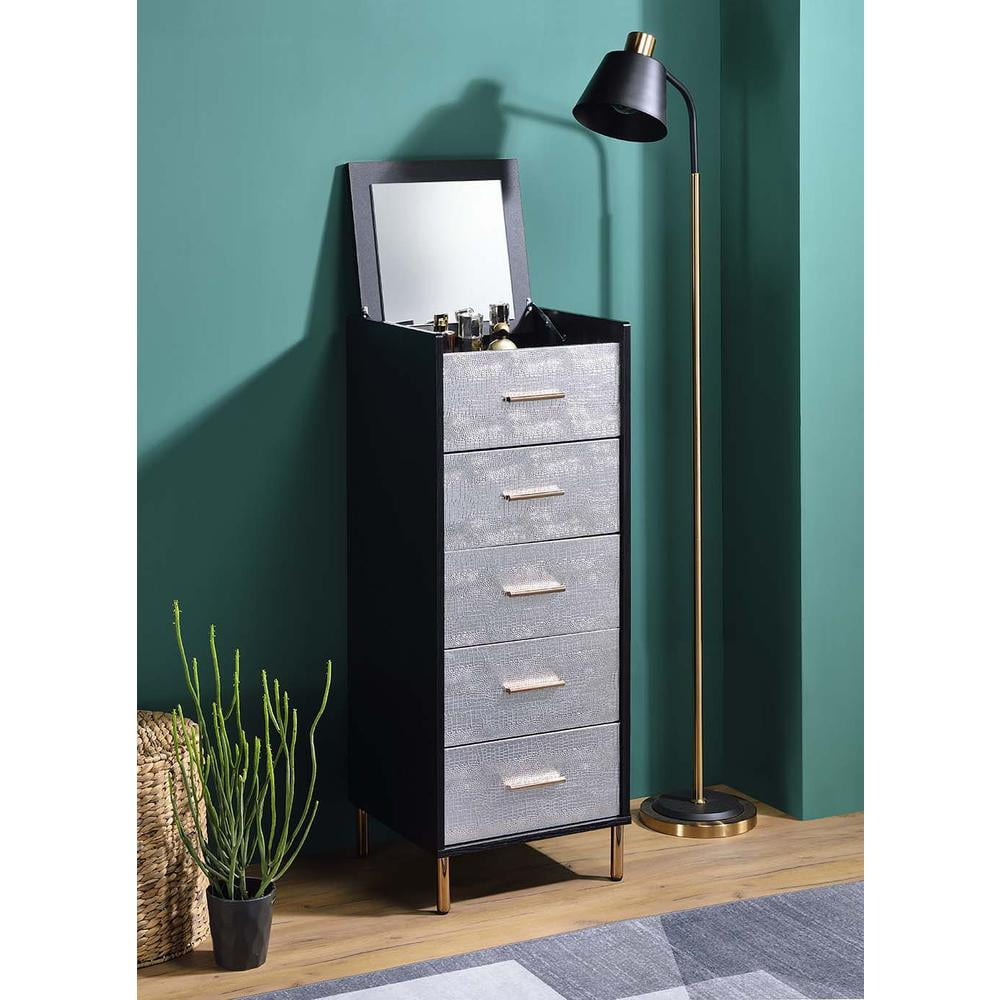 Myles Black Silver Gold 5-Drawer Jewelry Armoire with Mirror