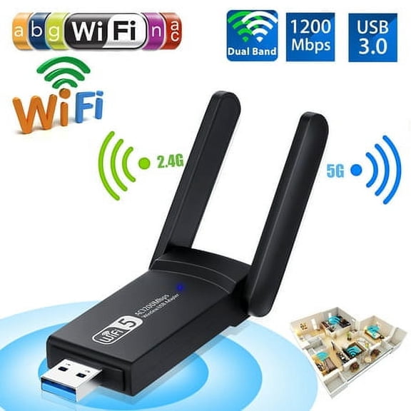 AC1200 USB WiFi Adapter for PC, Wireless Network Adapter for Desktop with Dual Band 2.4G/5G High Gain Antenna, USB3.0 WiFi Dongle Supports Windows 11/10/8.1/8/7/XP, Mac OS 10.9-10.14