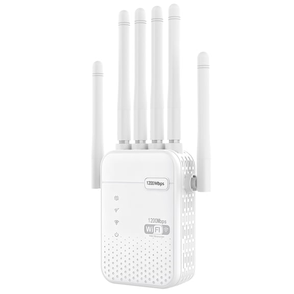 AC1200 WiFi Extender for home, 2.4GHz and 5Ghz Dual Band Repeater with 6 Antennas and 2 Ethernet Ports, White