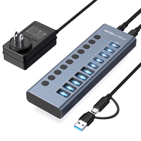ACASIS 10-Port USB 3.2 Gen 2 Hub, 10Gbps Powered USB Hub with 5 USB-C and 5 USB-A Ports, Individual On/Off Switches, 48W Power Adapter, Aluminum Hub for PC, Mac, Laptop