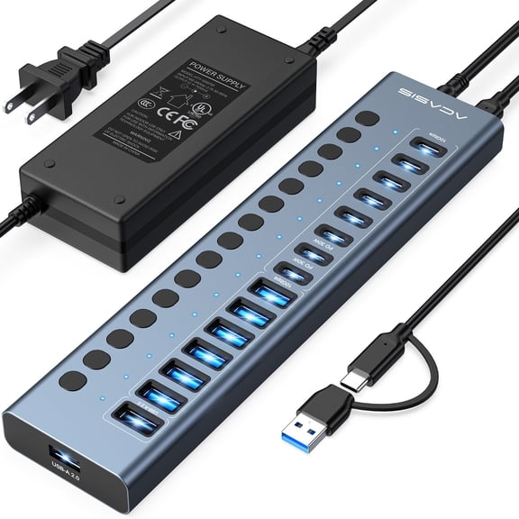 ACASIS 16-Port USB 3.2 Gen 2 Hub, 10Gbps Powered USB Hub with 8 USB-C and 8 USB-A Ports, 150W Power Adapter, Dual 30W PD, Individual Switches for PC Mac