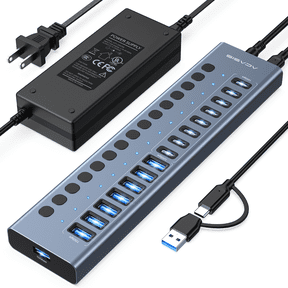 ACASIS 16 Port USB 3.2 Gen 2 Hub Powered, 10Gbps USB Hub with 8 USB-A and 8 USB-C Ports, 96W Adapter for Laptop, PC, Mac, SSD, Phone – Hot Swap, Plug & Play
