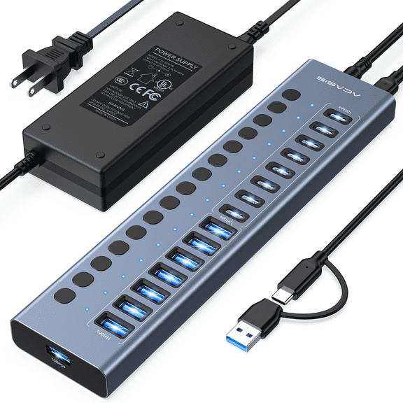 ACASIS 16 Port USB 3.2 Gen 2 Hub Powered, 10Gbps USB Hub with 8 USB-A and 8 USB-C Ports, 96W Adapter for Laptop, PC, Mac, SSD, Phone – Hot Swap, Plug & Play