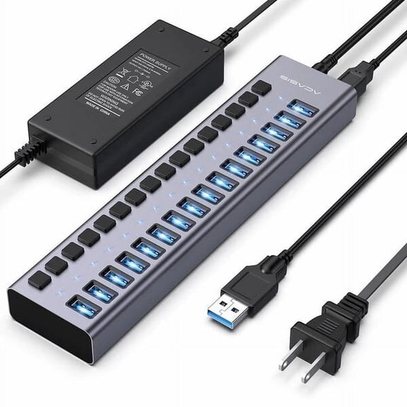 ACASIS 16 Ports 90W USB 3.0 Hub, Aluminum Housing, Individual Switches, 12V/7.5A Adapter, 5Gbps Speed