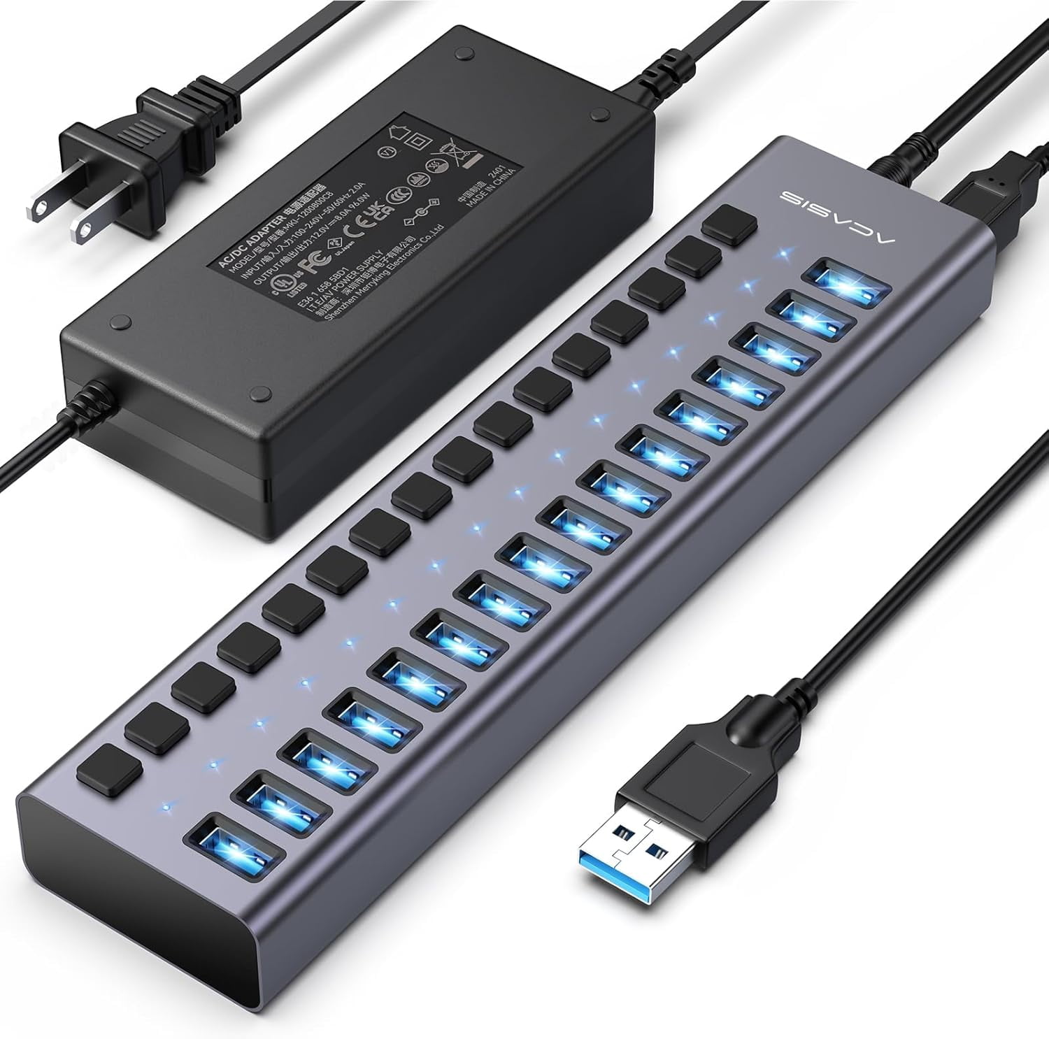 ACASIS 16-Port USB 3.1 Hub with 96W Power, Aluminum Housing, Individual Switches, 10Gbps High-Speed
