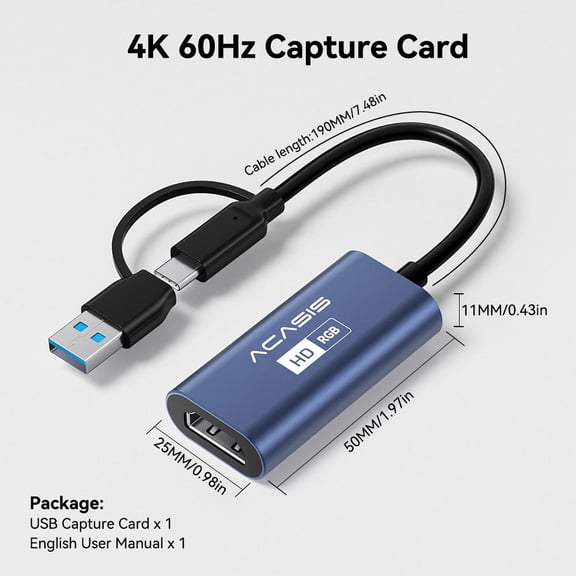 ACASIS 4K HDMI Video Capture Card, USB 3.2 5Gbps Capture Device, 4K60Hz Input, 1080P240 Capture, RGB24, for Gaming Streaming OBS