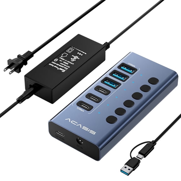 ACASIS 6-Port USB Hub, USB 3.2 Gen 2 10Gbps Powered Hub, 3 USB-C + 3 USB-A Ports, Individual On/Off Switches, 48W Power Adapter, Aluminum Hub for Laptop, PC and Mac