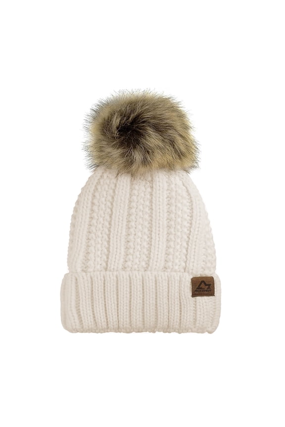 Faux Fur Pom Beanie Hat for Women Fleece Lined Warm Skull Cap Wool Blend Pompom Hat