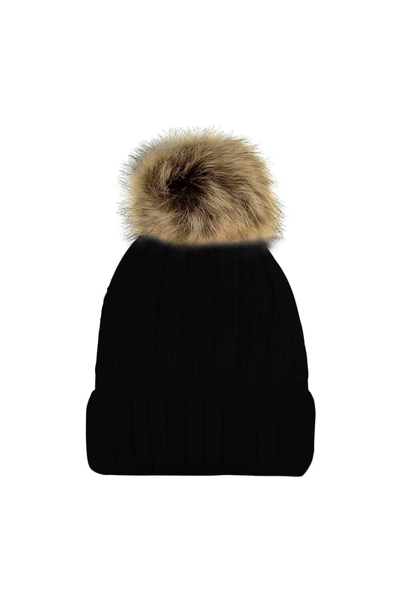 Faux Fur Pom Beanie Hat for Women Fleece Lined Warm Skull Cap Wool Blend Pompom Hat