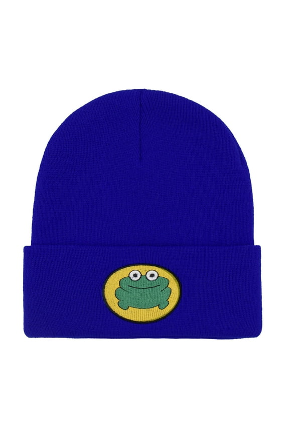 Cartoon Frog Embroidery Knit Hat, Colorful Stretchy Beanie Cap, Lightweight Casual Unisex Blue