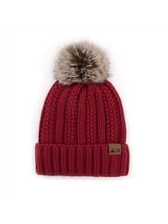 Faux Fur Pom Beanie Hat for Women Fleece Lined Warm Skull Cap Wool Blend Pompom Hat