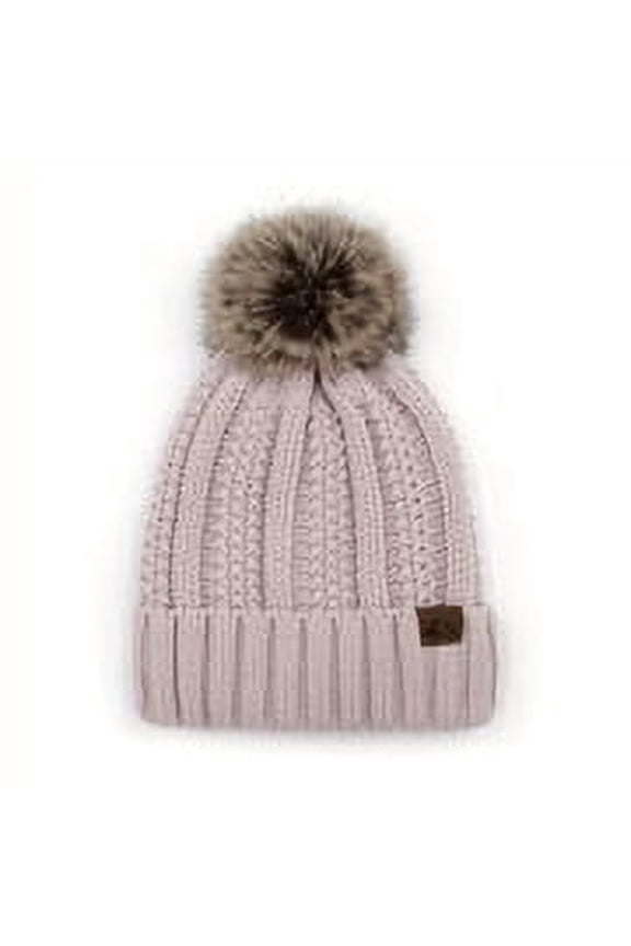 Faux Fur Pom Beanie Hat for Women Fleece Lined Warm Skull Cap Wool Blend Pompom Hat