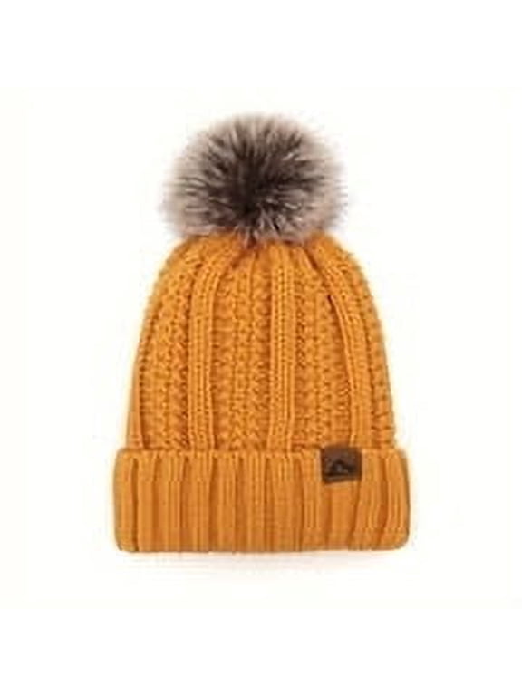 Faux Fur Pom Beanie Hat for Women Fleece Lined Warm Skull Cap Wool Blend Pompom Hat