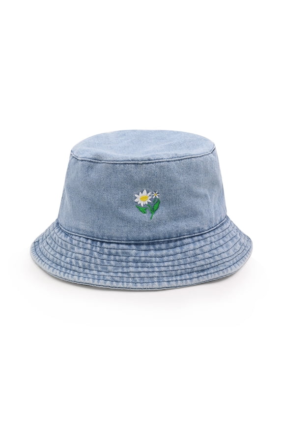 Floral-Emb BLue Bucket Hat Round Flat Top Decorative Sunscreen Windproof Deep for Women