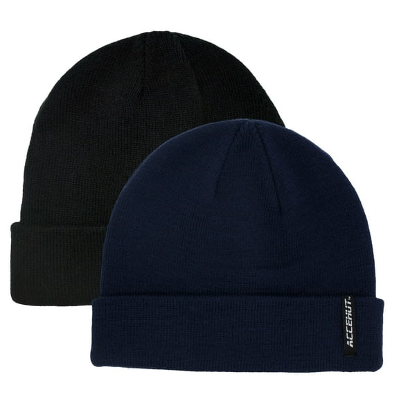 ACCEHUT Unisex Acrylic Knit Beanie, Winter Ski Cap, Solid Colors, Stretchy Cuffed Skull Hat, Navy/Black